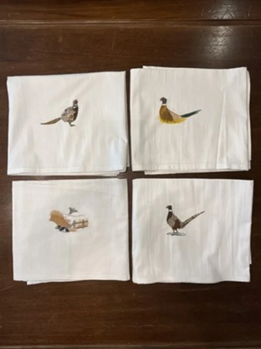 Vintage Set Of 4 Linen Tablecloths Embroidered Pheasants 33”x38”